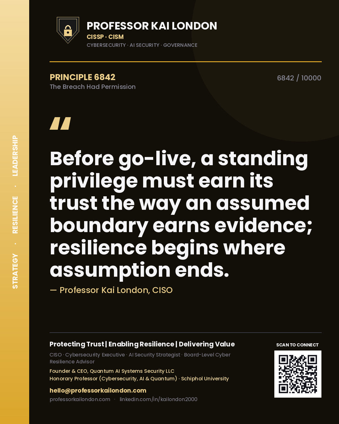 Quote card by Professor Kai London reading 'Before go-live, a standing privilege must earn its trust the way an assumed boundary earns evidence; resilience begins where assumption ends.'. From the book The Breach Had Permission.