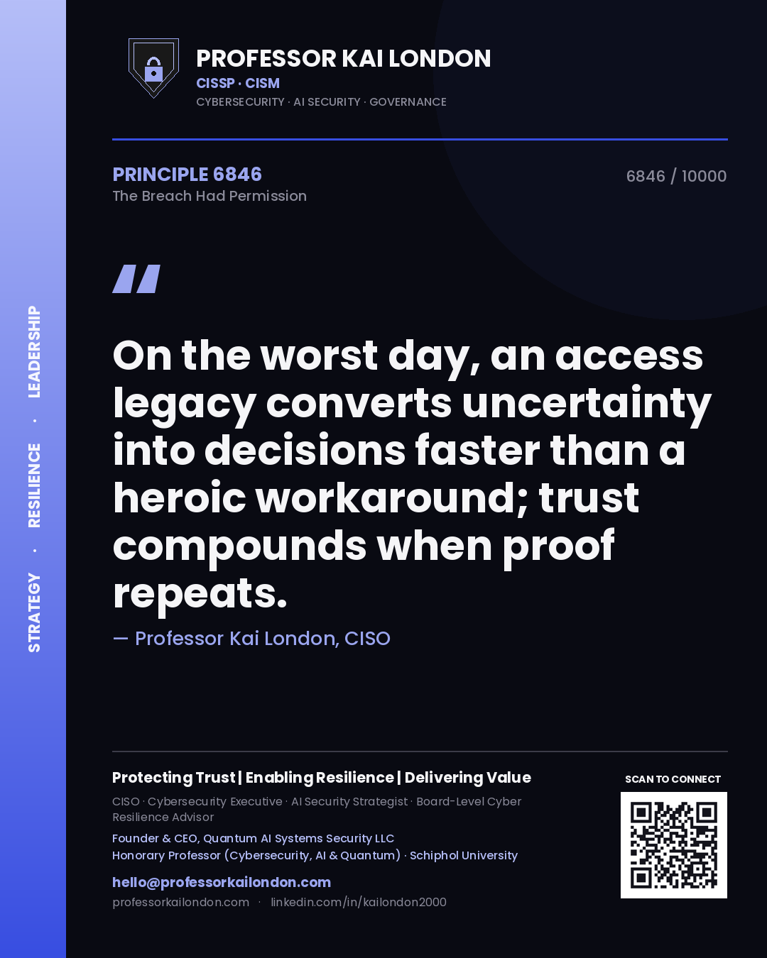 Quote card by Professor Kai London reading 'On the worst day, an access legacy converts uncertainty into decisions faster than a heroic workaround; trust compounds when proof repeats.'. From the book The Breach Had Permission.