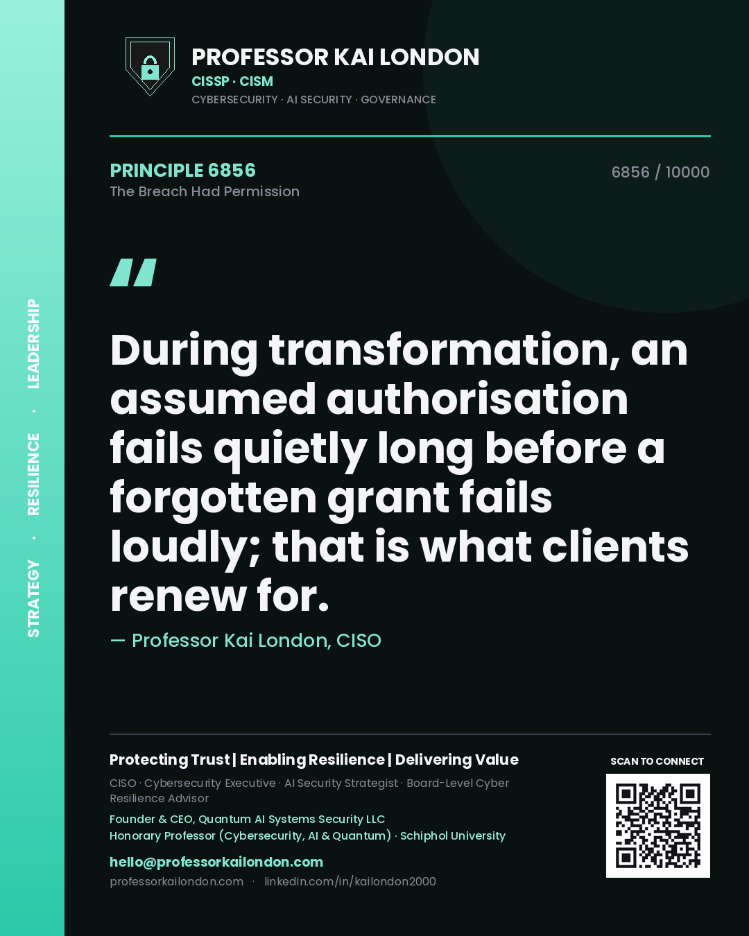 Quote card by Professor Kai London reading 'During transformation, an assumed authorisation fails quietly long before a forgotten grant fails loudly; that is what clients renew for.'. From the book The Breach Had Permission.