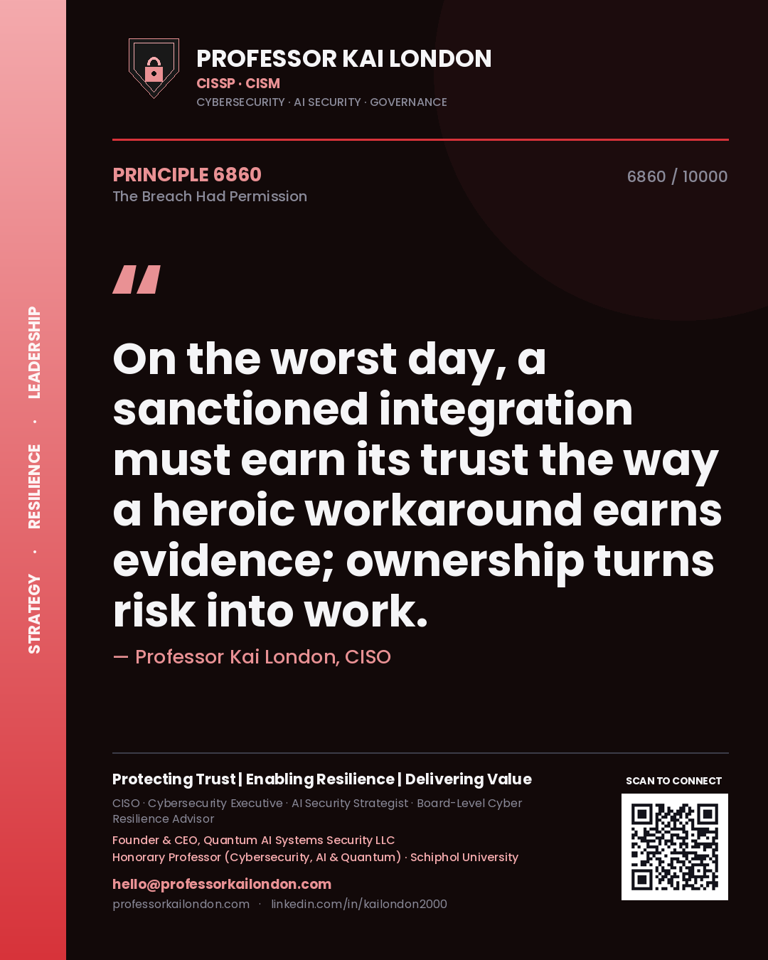 Professor Kai London principle 6860: On the worst day, a sanctioned integration must earn its trust the way a heroic workaround earns evidence; ownership turns risk into work.