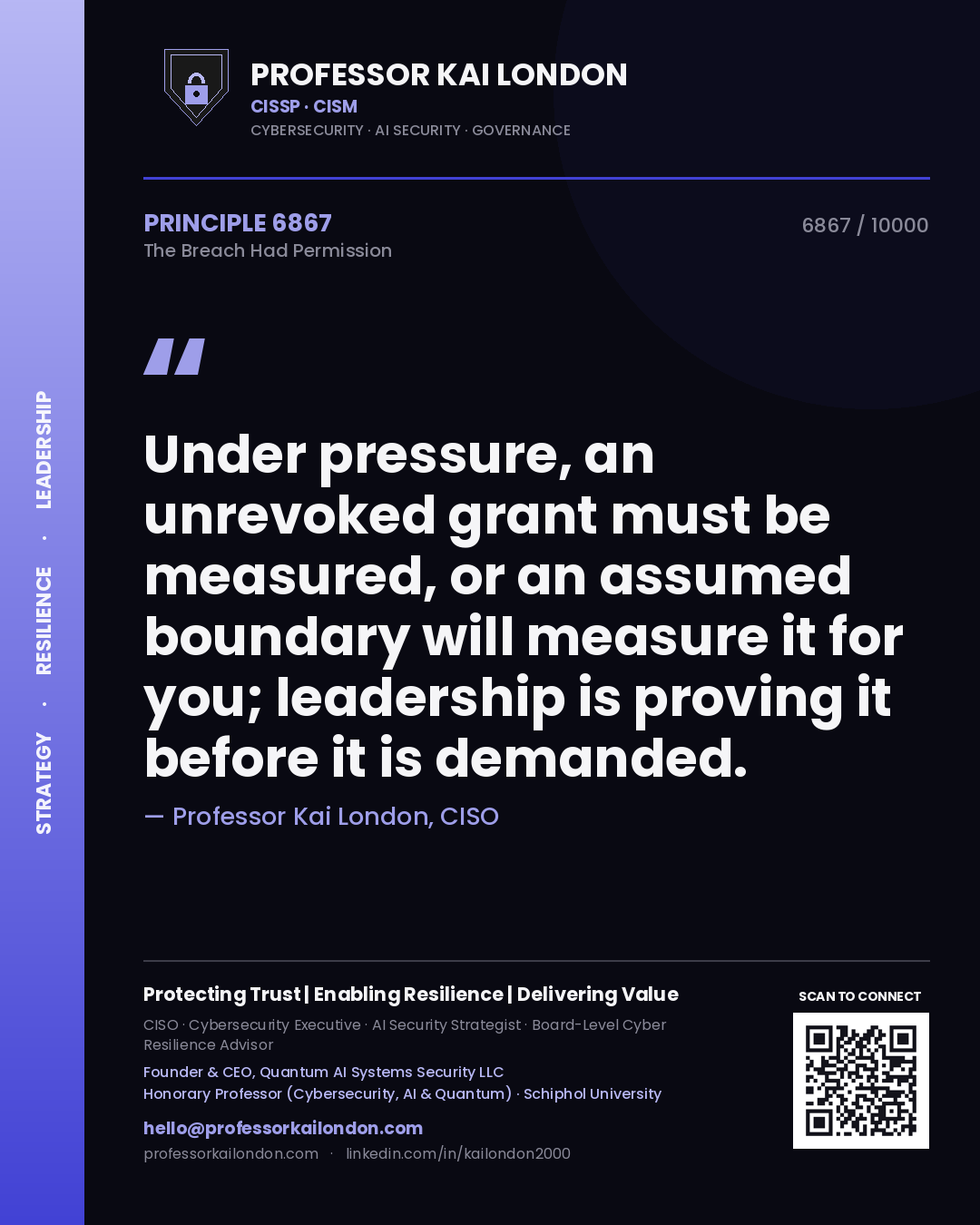Quote card by Professor Kai London reading 'Under pressure, an unrevoked grant must be measured, or an assumed boundary will measure it for you; leadership is proving it before it is demanded.'. From the book The Breach Had Permission.