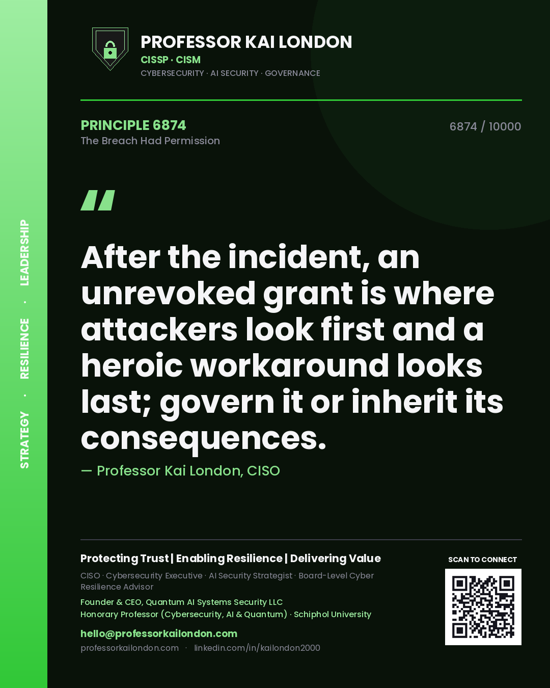 Quote card by Professor Kai London reading 'After the incident, an unrevoked grant is where attackers look first and a heroic workaround looks last; govern it or inherit its consequences.'. From the book The Breach Had Permission.