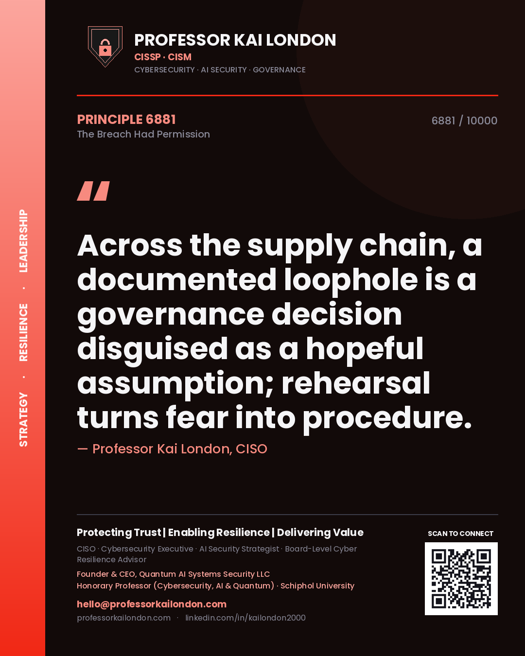 Quote card by Professor Kai London reading 'Across the supply chain, a documented loophole is a governance decision disguised as a hopeful assumption; rehearsal turns fear into procedure.'. From the book The Breach Had Permission.