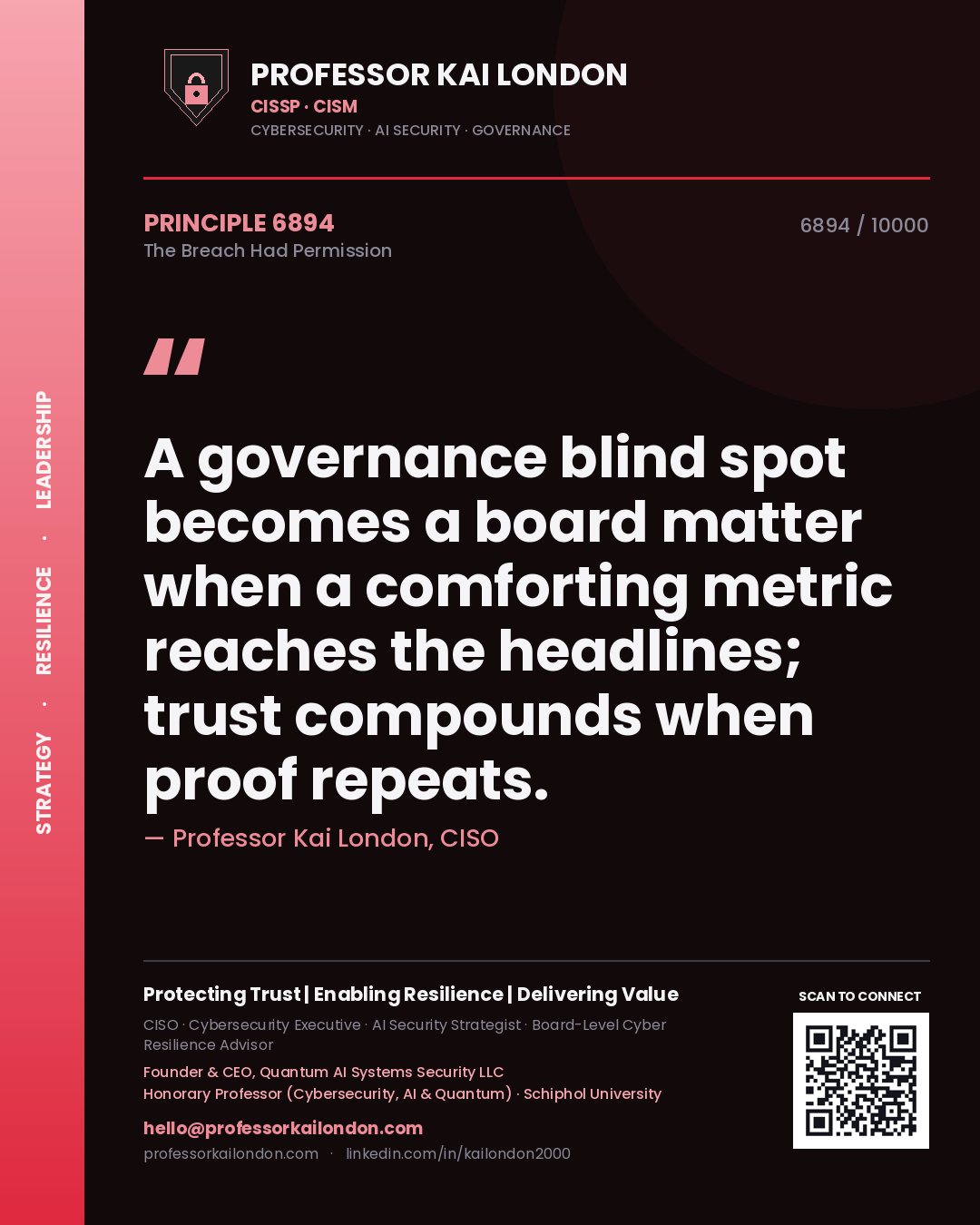 Professor Kai London principle 6894: A governance blind spot becomes a board matter when a comforting metric reaches the headlines; trust compounds when proof repeats.
