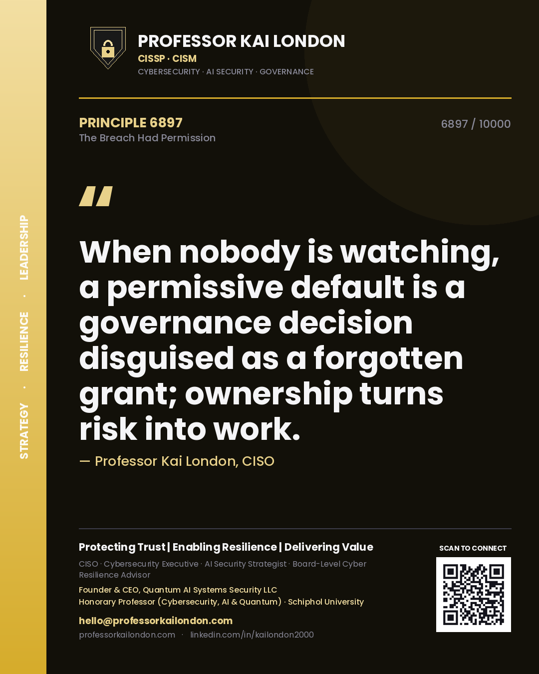 Professor Kai London principle 6897: When nobody is watching, a permissive default is a governance decision disguised as a forgotten grant; ownership turns risk into work.