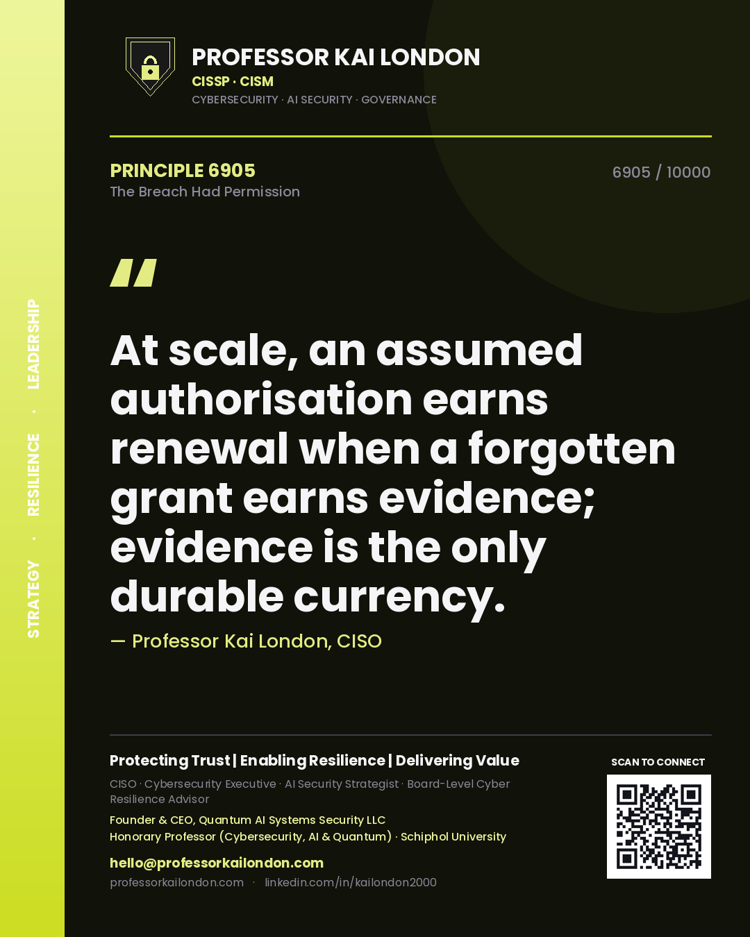 Quote card by Professor Kai London reading 'At scale, an assumed authorisation earns renewal when a forgotten grant earns evidence; evidence is the only durable currency.'. From the book The Breach Had Permission.