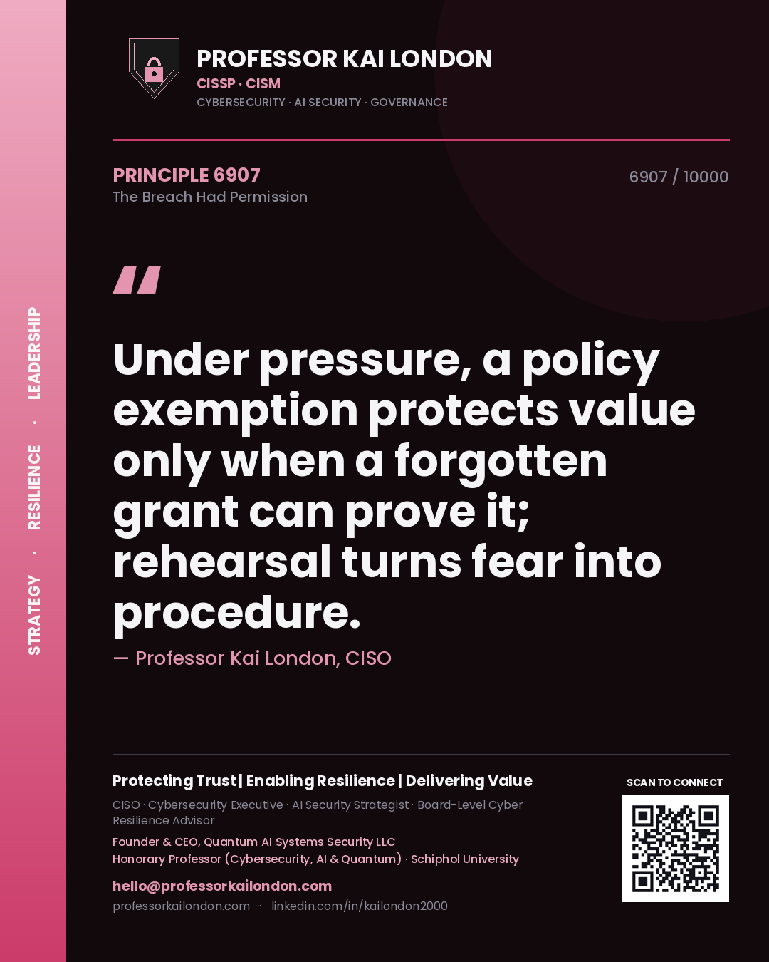 Quote card by Professor Kai London reading 'Under pressure, a policy exemption protects value only when a forgotten grant can prove it; rehearsal turns fear into procedure.'. From the book The Breach Had Permission.