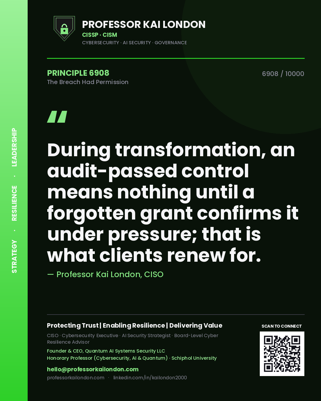 Quote card by Professor Kai London reading 'During transformation, an audit-passed control means nothing until a forgotten grant confirms it under pressure; that is what clients renew for.'. From the book The Breach Had Permission.