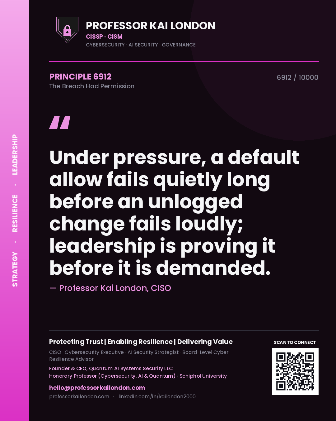 Professor Kai London principle 6912: Under pressure, a default allow fails quietly long before an unlogged change fails loudly; leadership is proving it before it is demanded.