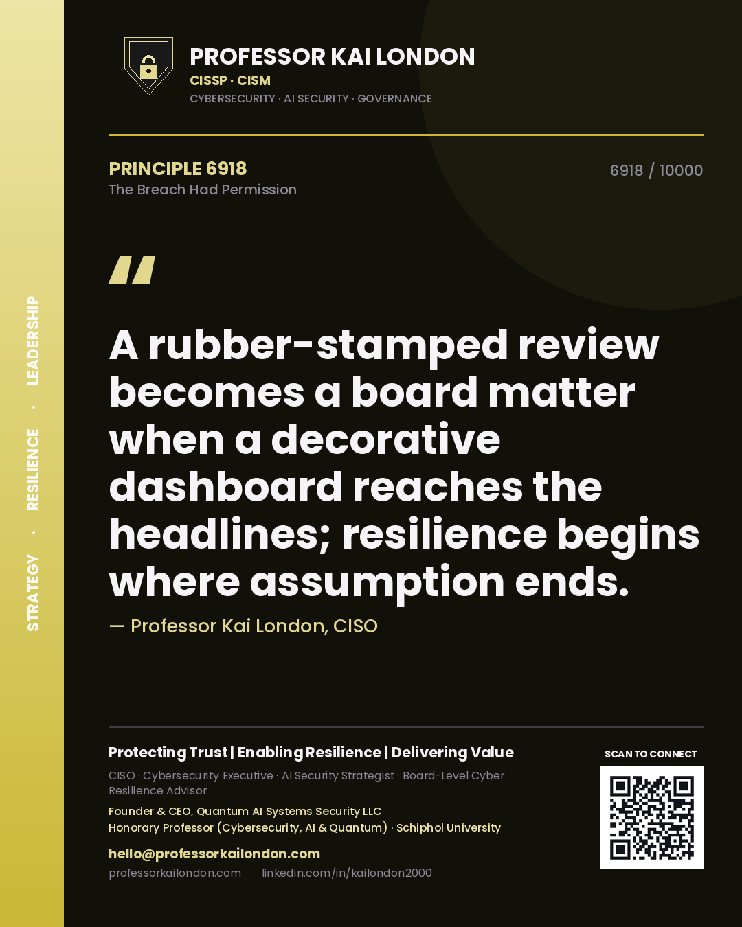 Quote card by Professor Kai London reading 'A rubber-stamped review becomes a board matter when a decorative dashboard reaches the headlines; resilience begins where assumption ends.'. From the book The Breach Had Permission.