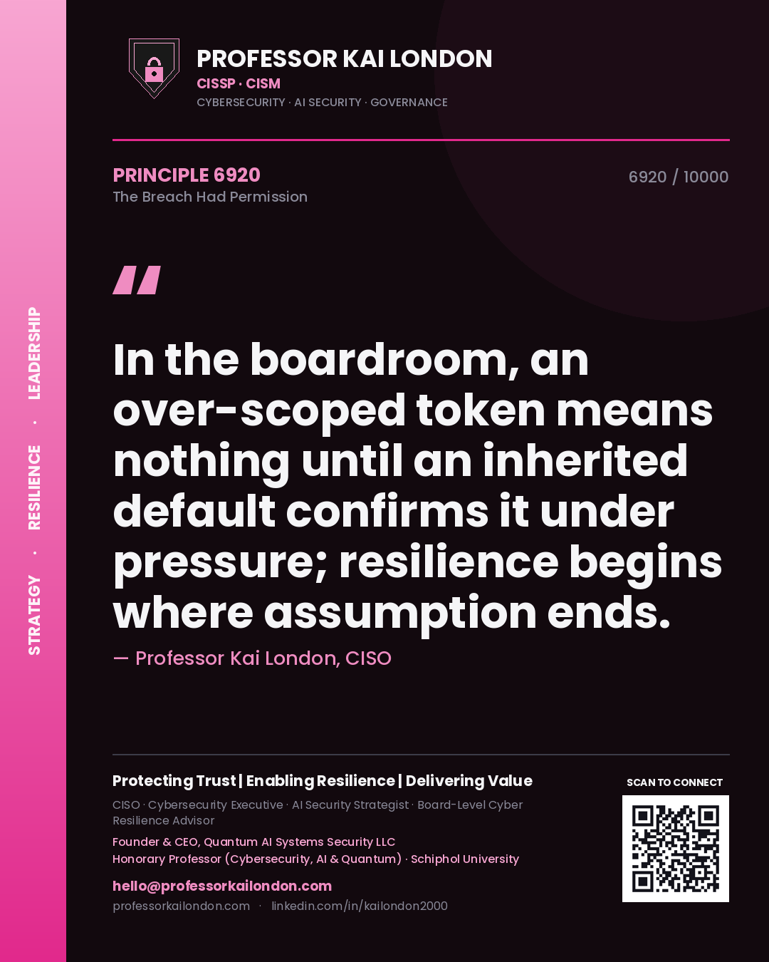 Professor Kai London principle 6920: In the boardroom, an over-scoped token means nothing until an inherited default confirms it under pressure; resilience begins where assumption ends.