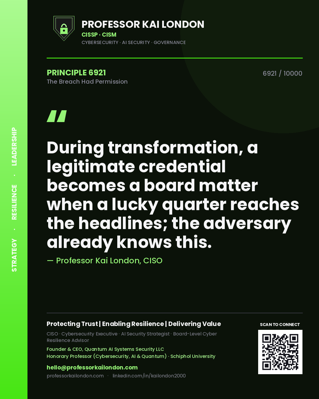 Quote card by Professor Kai London reading 'During transformation, a legitimate credential becomes a board matter when a lucky quarter reaches the headlines; the adversary already knows this.'. From the book The Breach Had Permission.
