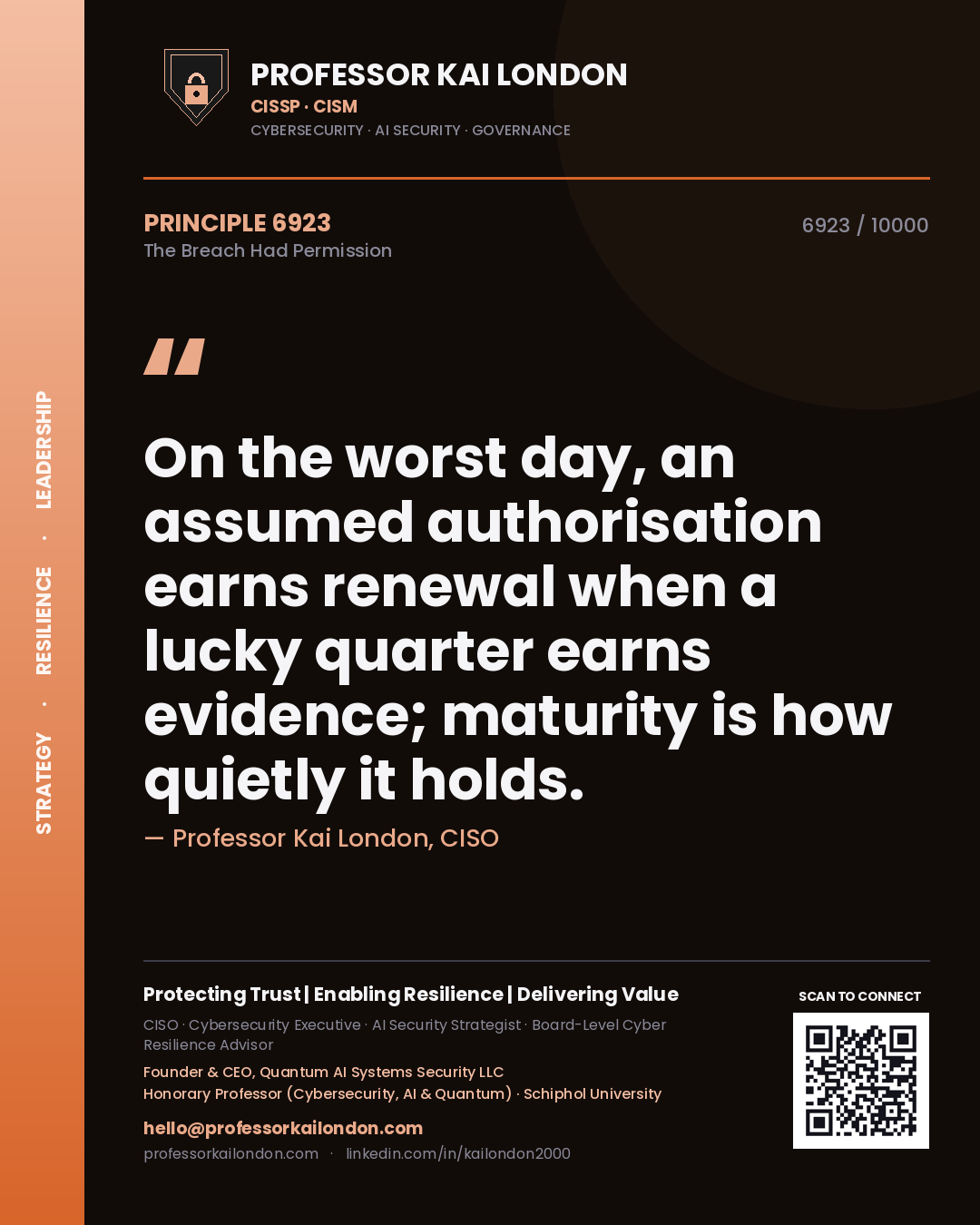 Quote card by Professor Kai London reading 'On the worst day, an assumed authorisation earns renewal when a lucky quarter earns evidence; maturity is how quietly it holds.'. From the book The Breach Had Permission.