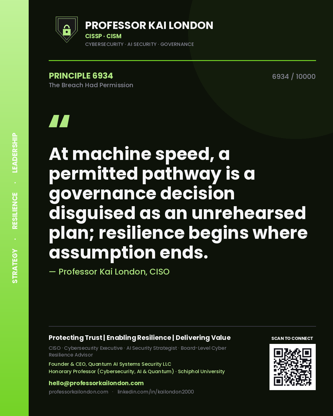 Quote card by Professor Kai London reading 'At machine speed, a permitted pathway is a governance decision disguised as an unrehearsed plan; resilience begins where assumption ends.'. From the book The Breach Had Permission.
