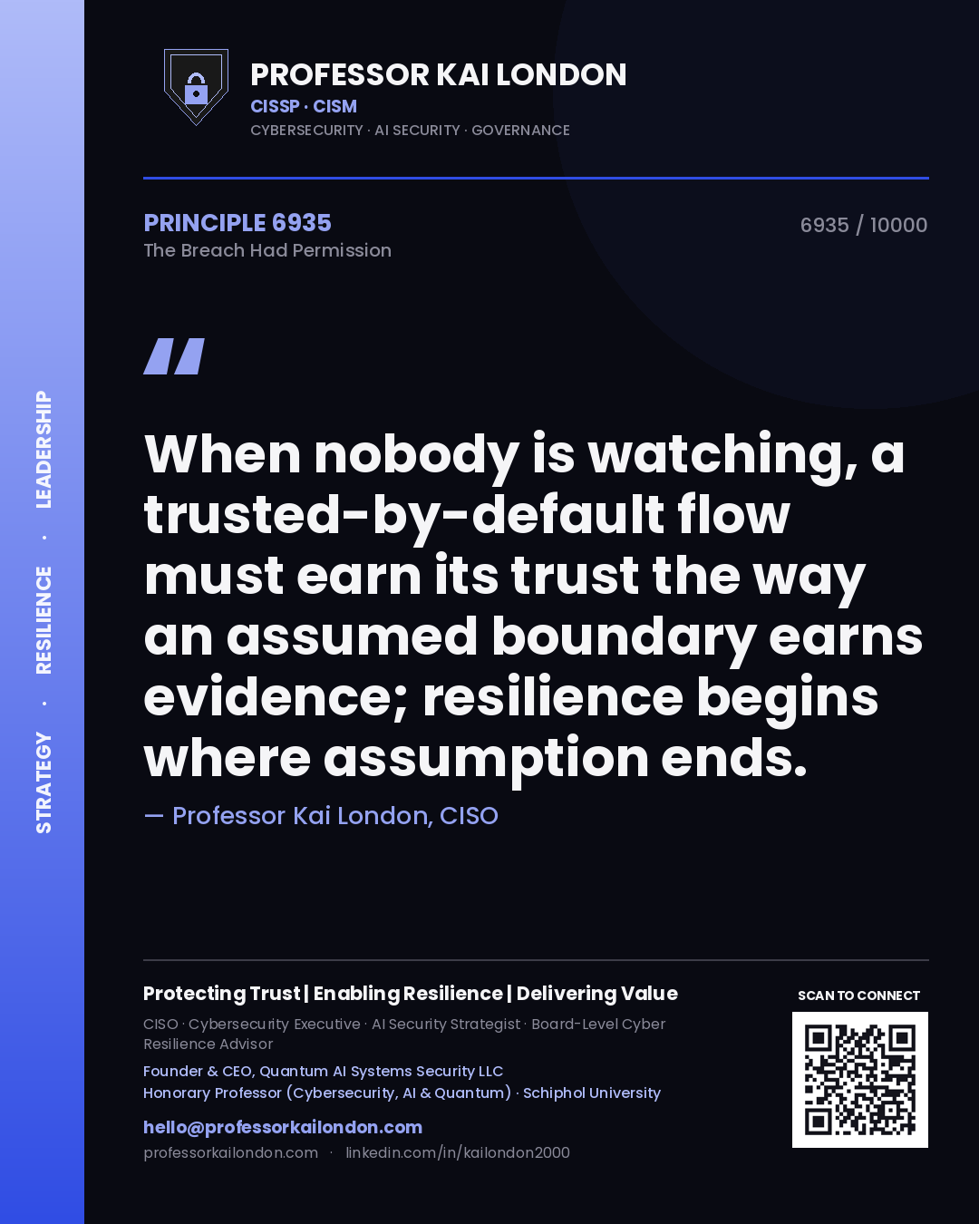 Professor Kai London principle 6935: When nobody is watching, a trusted-by-default flow must earn its trust the way an assumed boundary earns evidence; resilience begins where assumption ends.