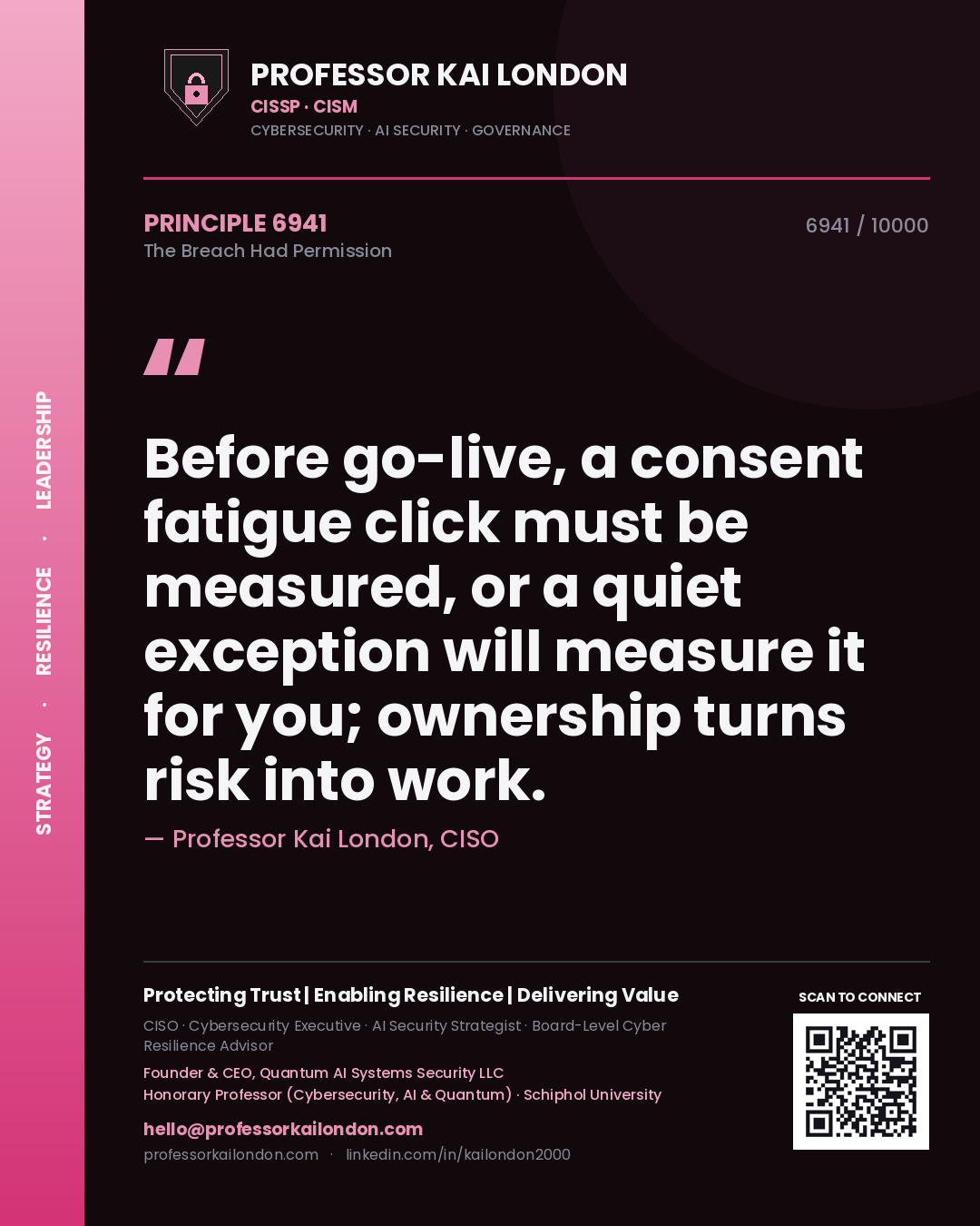 Professor Kai London principle 6941: Before go-live, a consent fatigue click must be measured, or a quiet exception will measure it for you; ownership turns risk into work.