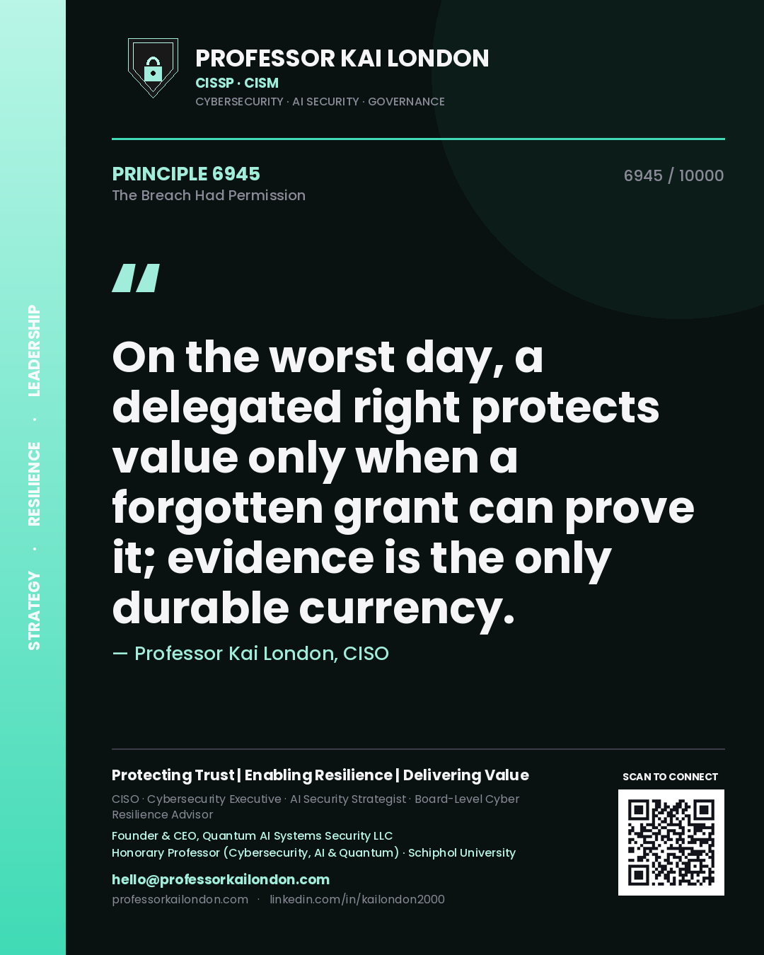 Professor Kai London principle 6945: On the worst day, a delegated right protects value only when a forgotten grant can prove it; evidence is the only durable currency.