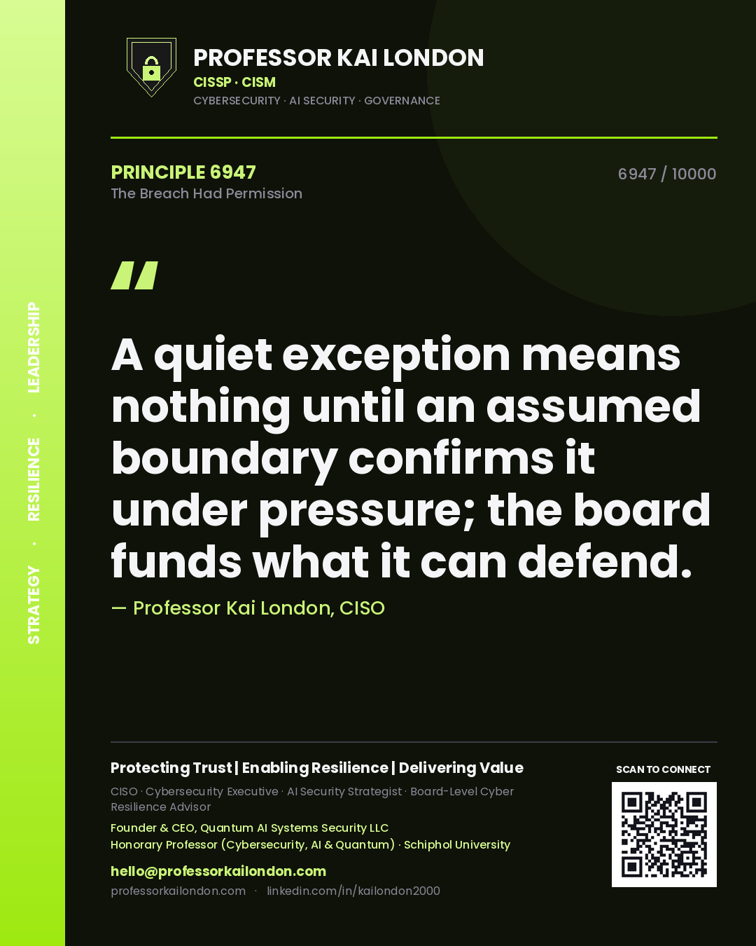 Professor Kai London principle 6947: A quiet exception means nothing until an assumed boundary confirms it under pressure; the board funds what it can defend.