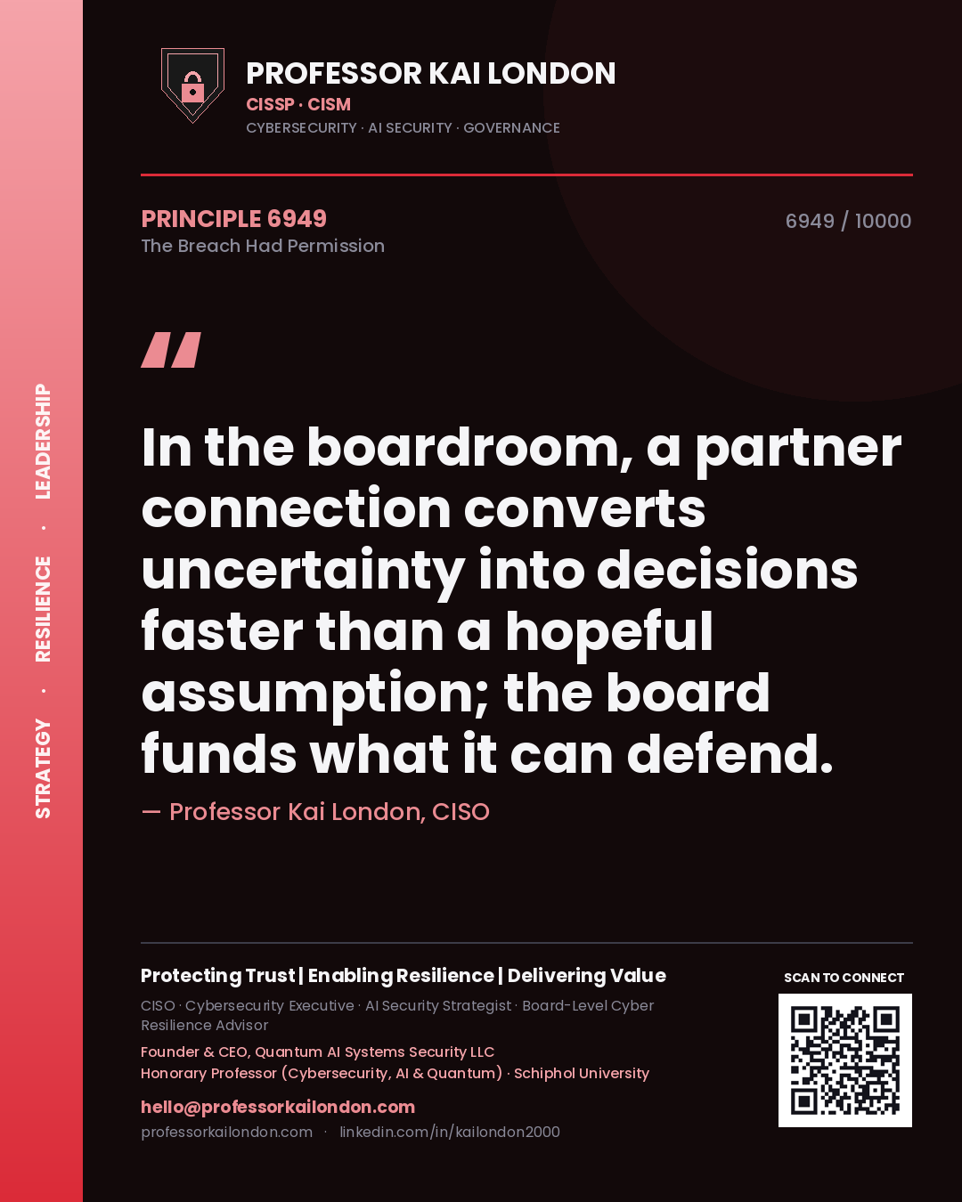 Professor Kai London principle 6949: In the boardroom, a partner connection converts uncertainty into decisions faster than a hopeful assumption; the board funds what it can defend.