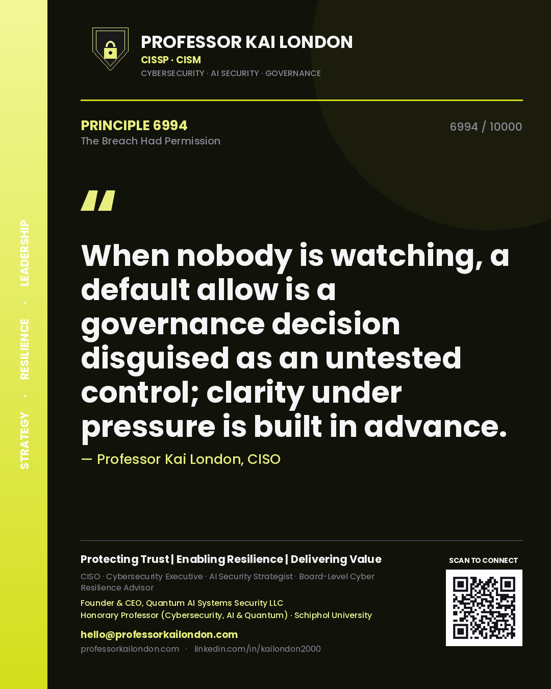 Quote card by Professor Kai London reading 'When nobody is watching, a default allow is a governance decision disguised as an untested control; clarity under pressure is built in advance.'. From the book The Breach Had Permission.