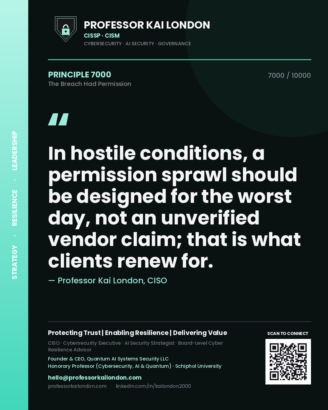 Professor Kai London principle 7000: In hostile conditions, a permission sprawl should be designed for the worst day, not an unverified vendor claim; that is what clients renew for.