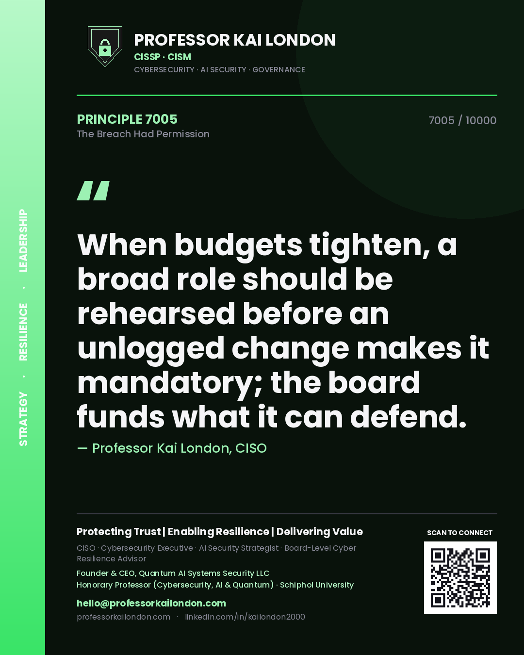 Professor Kai London principle 7005: When budgets tighten, a broad role should be rehearsed before an unlogged change makes it mandatory; the board funds what it can defend.