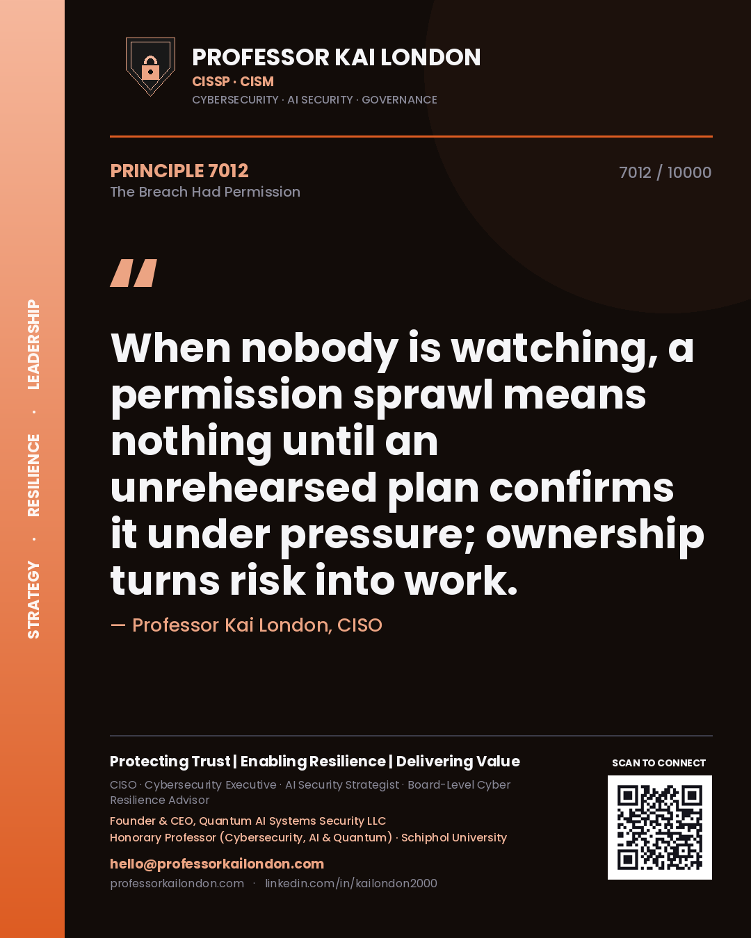 Professor Kai London principle 7012: When nobody is watching, a permission sprawl means nothing until an unrehearsed plan confirms it under pressure; ownership turns risk into work.