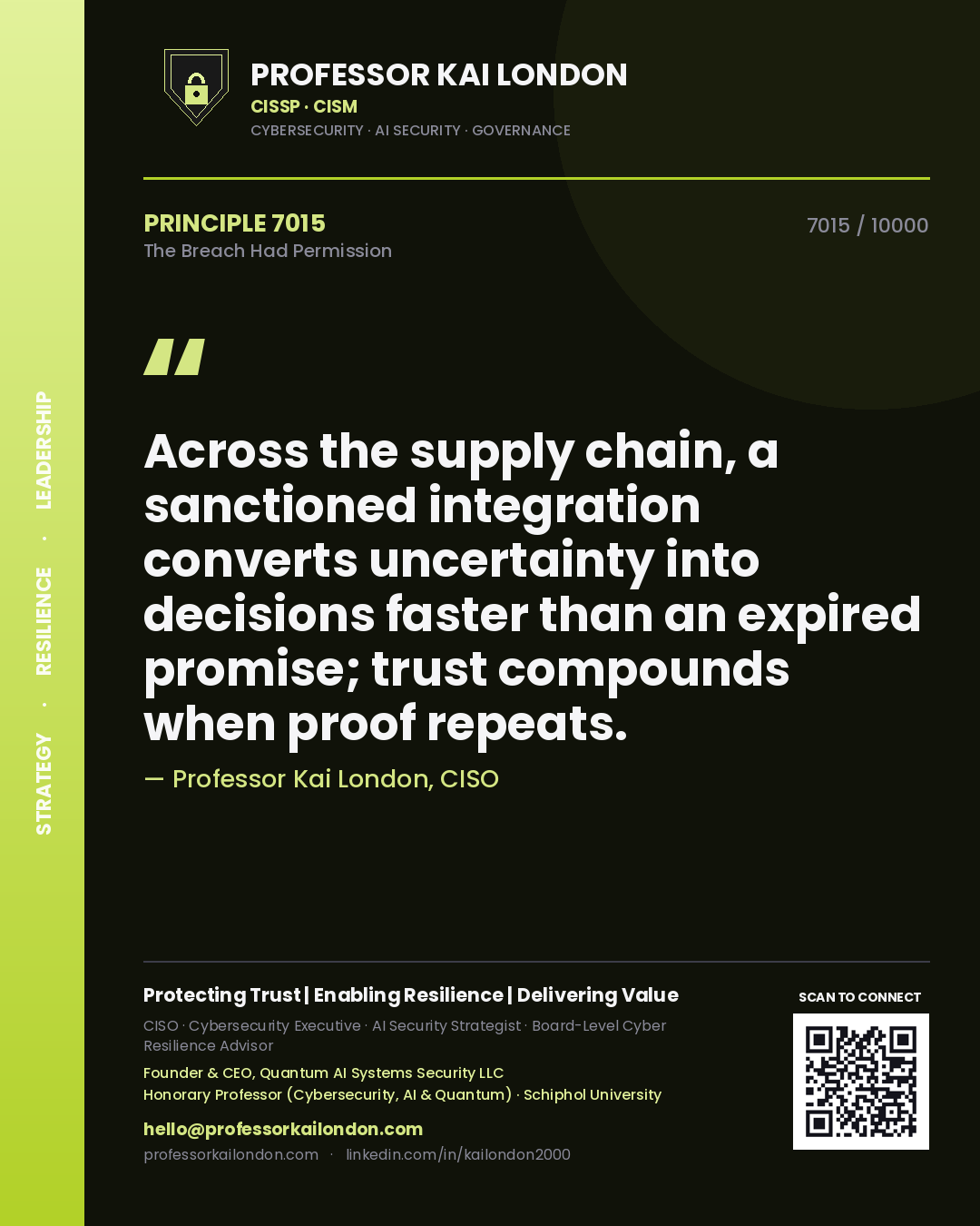 Professor Kai London principle 7015: Across the supply chain, a sanctioned integration converts uncertainty into decisions faster than an expired promise; trust compounds when proof repeats.