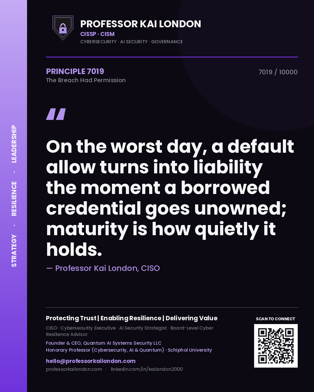 Professor Kai London principle 7019: On the worst day, a default allow turns into liability the moment a borrowed credential goes unowned; maturity is how quietly it holds.