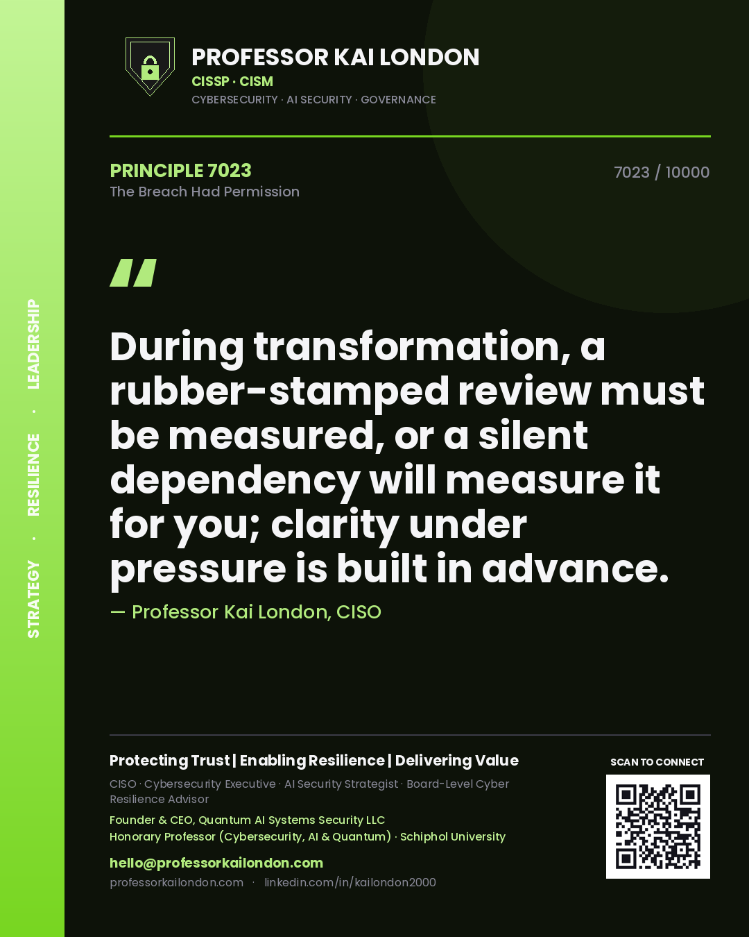 Professor Kai London principle 7023: During transformation, a rubber-stamped review must be measured, or a silent dependency will measure it for you; clarity under pressure is built in advance.