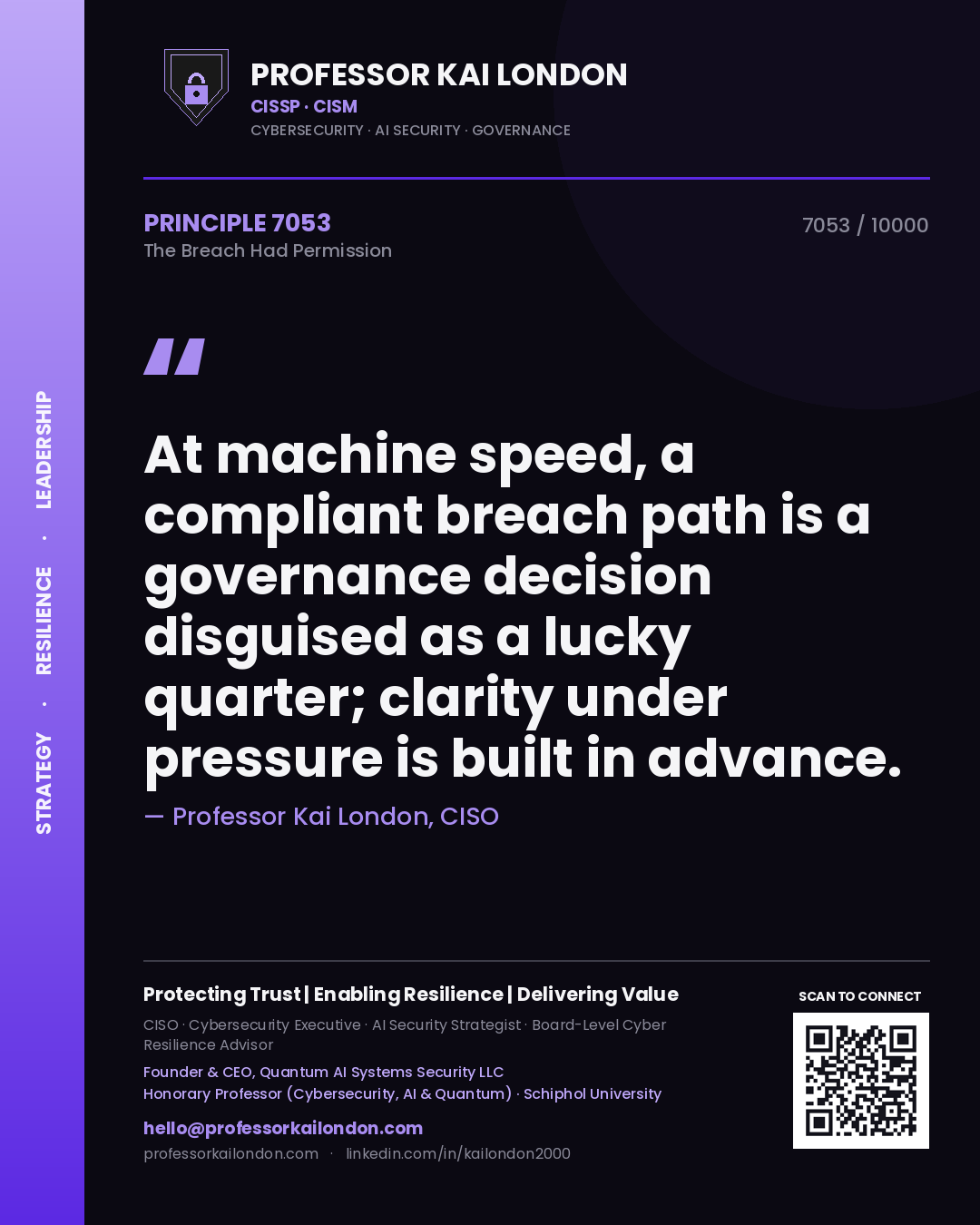 Professor Kai London principle 7053: At machine speed, a compliant breach path is a governance decision disguised as a lucky quarter; clarity under pressure is built in advance.