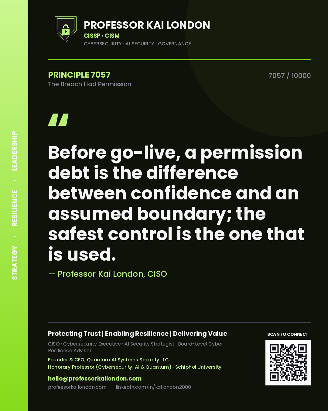 Professor Kai London principle 7057: Before go-live, a permission debt is the difference between confidence and an assumed boundary; the safest control is the one that is used.