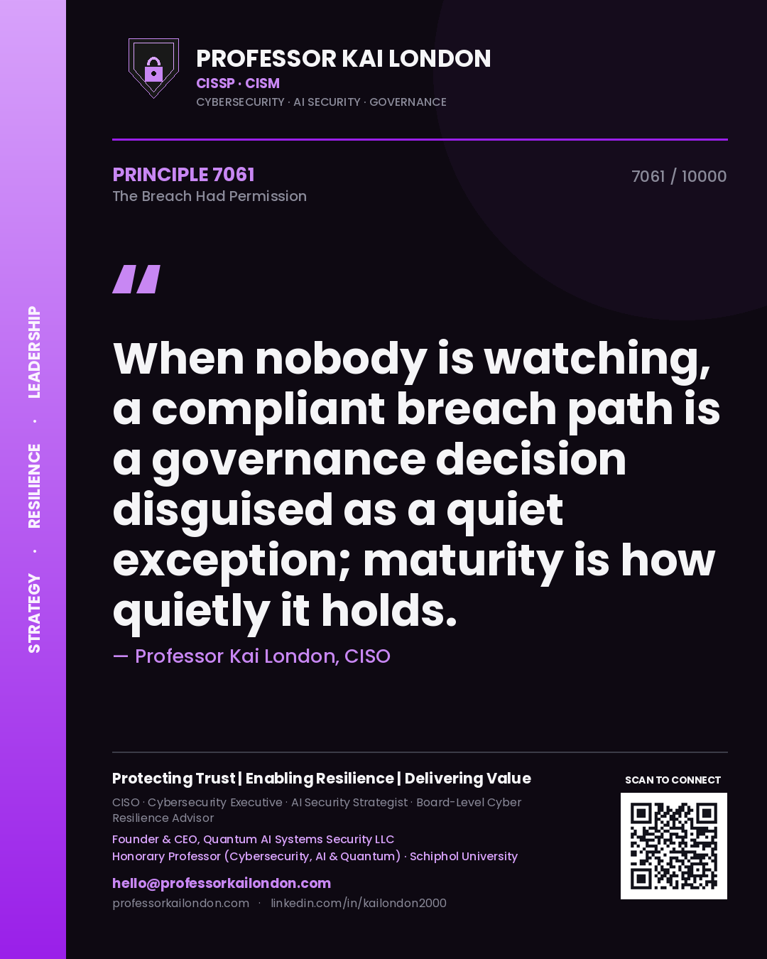 Quote card by Professor Kai London reading 'When nobody is watching, a compliant breach path is a governance decision disguised as a quiet exception; maturity is how quietly it holds.'. From the book The Breach Had Permission.