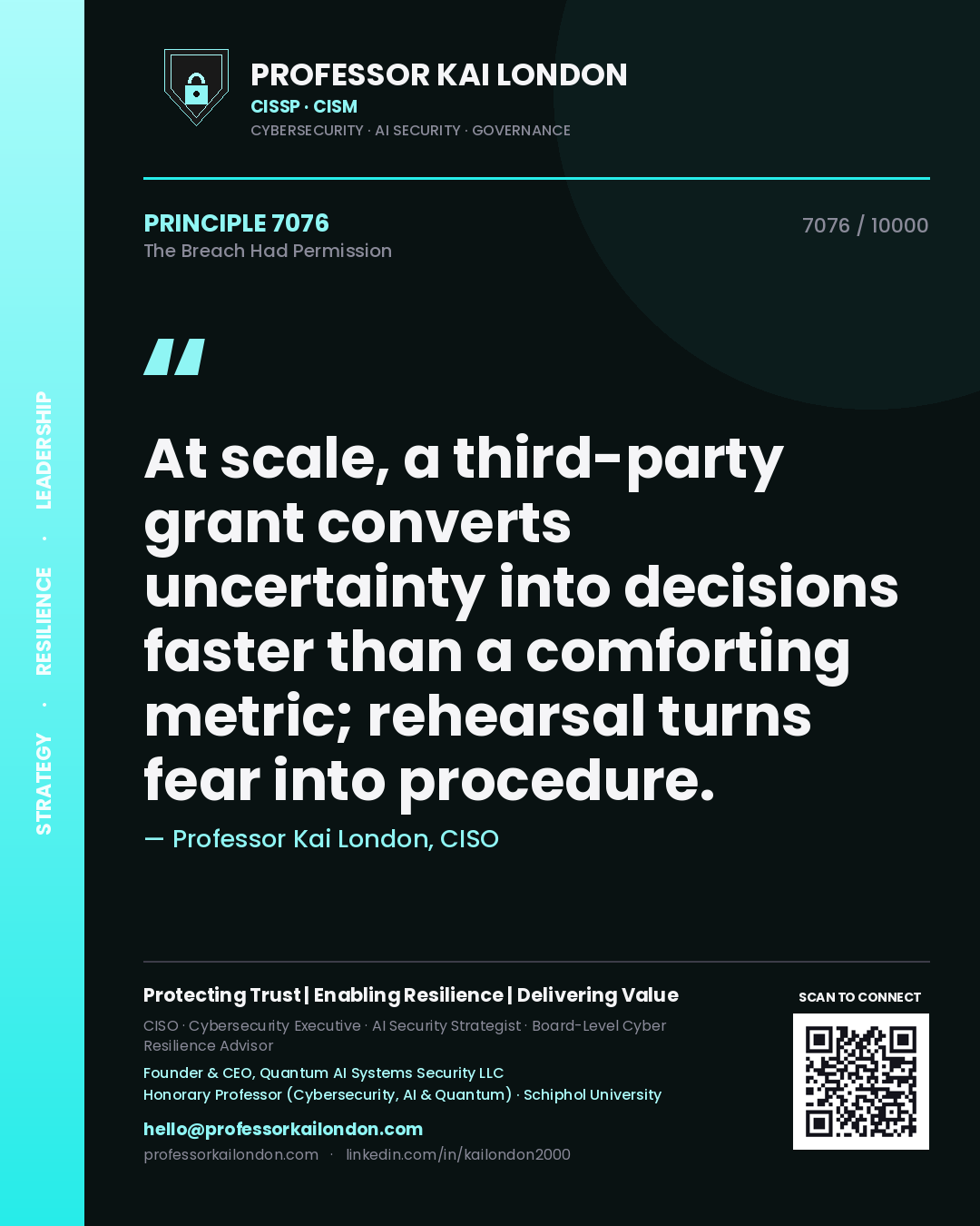 Professor Kai London principle 7076: At scale, a third-party grant converts uncertainty into decisions faster than a comforting metric; rehearsal turns fear into procedure.