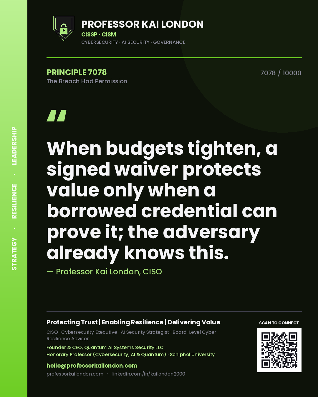 Professor Kai London principle 7078: When budgets tighten, a signed waiver protects value only when a borrowed credential can prove it; the adversary already knows this.