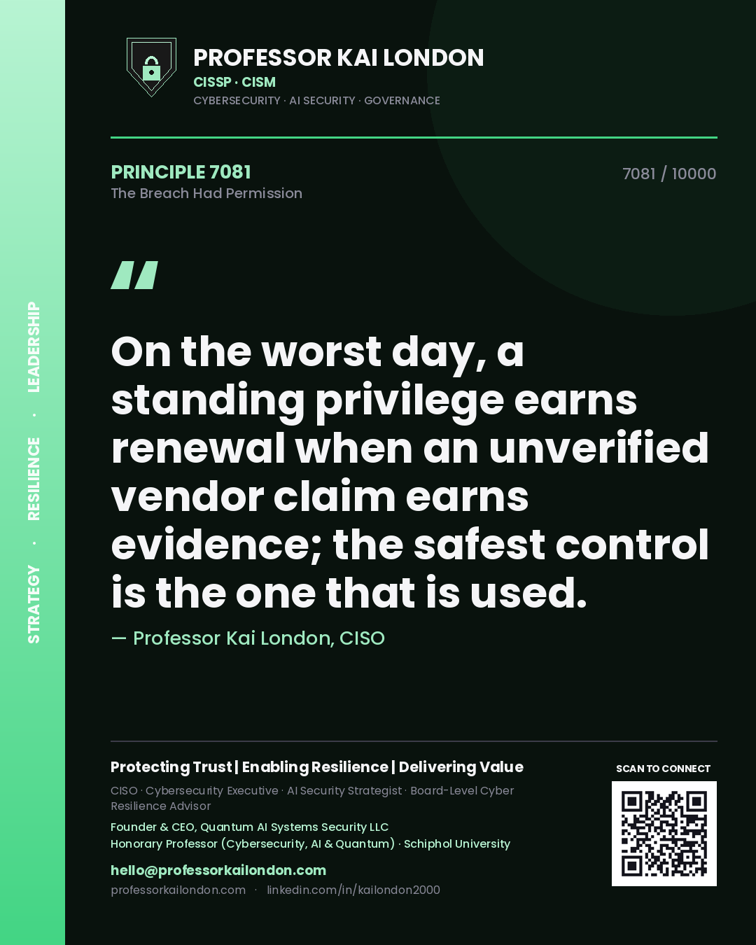 Professor Kai London principle 7081: On the worst day, a standing privilege earns renewal when an unverified vendor claim earns evidence; the safest control is the one that is used.