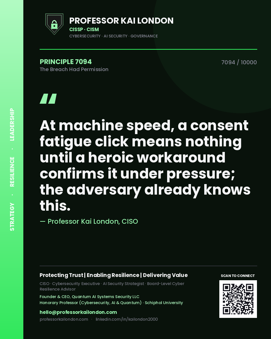 Quote card by Professor Kai London reading 'At machine speed, a consent fatigue click means nothing until a heroic workaround confirms it under pressure; the adversary already knows this.'. From the book The Breach Had Permission.