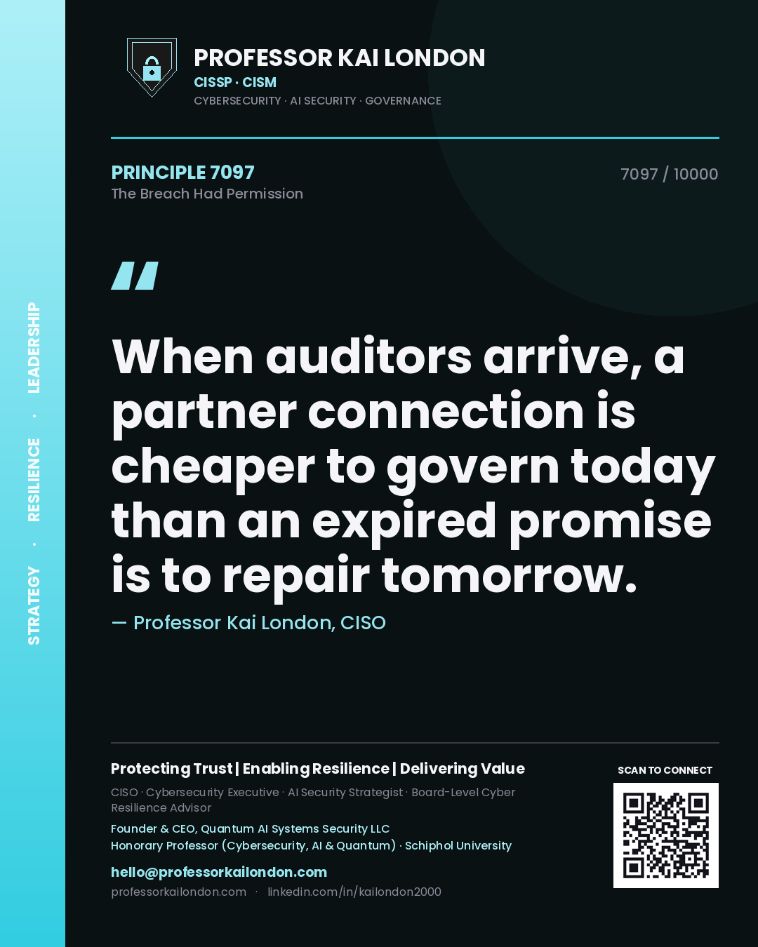Professor Kai London principle 7097: When auditors arrive, a partner connection is cheaper to govern today than an expired promise is to repair tomorrow.