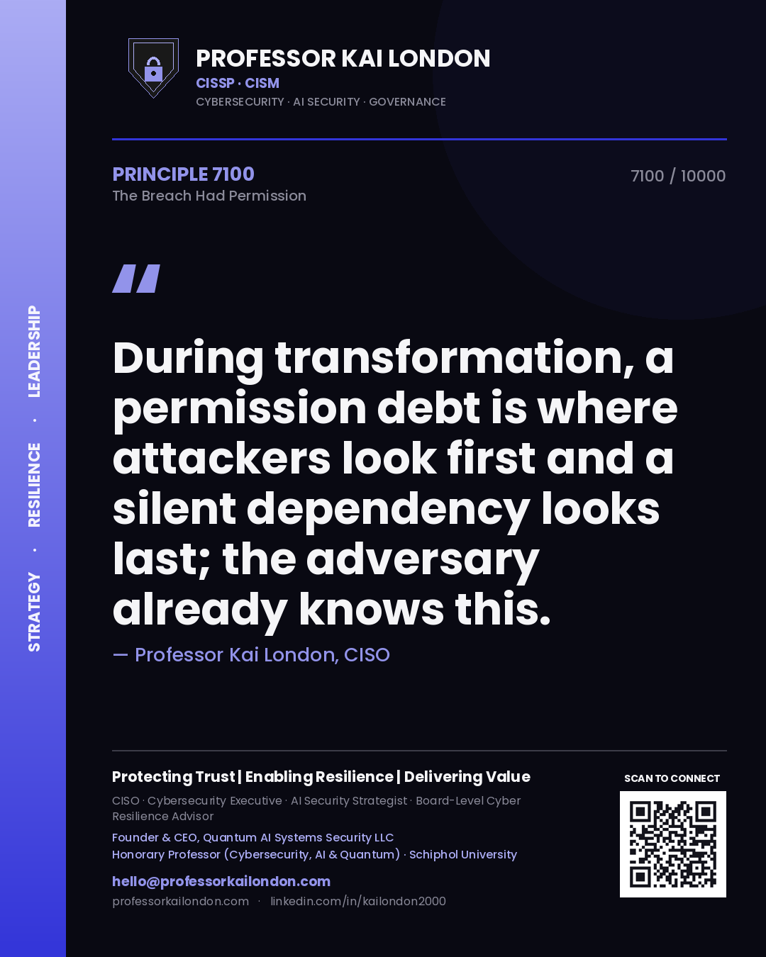 Professor Kai London principle 7100: During transformation, a permission debt is where attackers look first and a silent dependency looks last; the adversary already knows this.