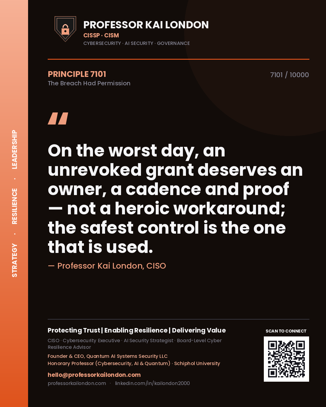 Quote card by Professor Kai London reading 'On the worst day, an unrevoked grant deserves an owner, a cadence and proof — not a heroic workaround; the safest control is the one that is used.'. From the book The Breach Had Permission.