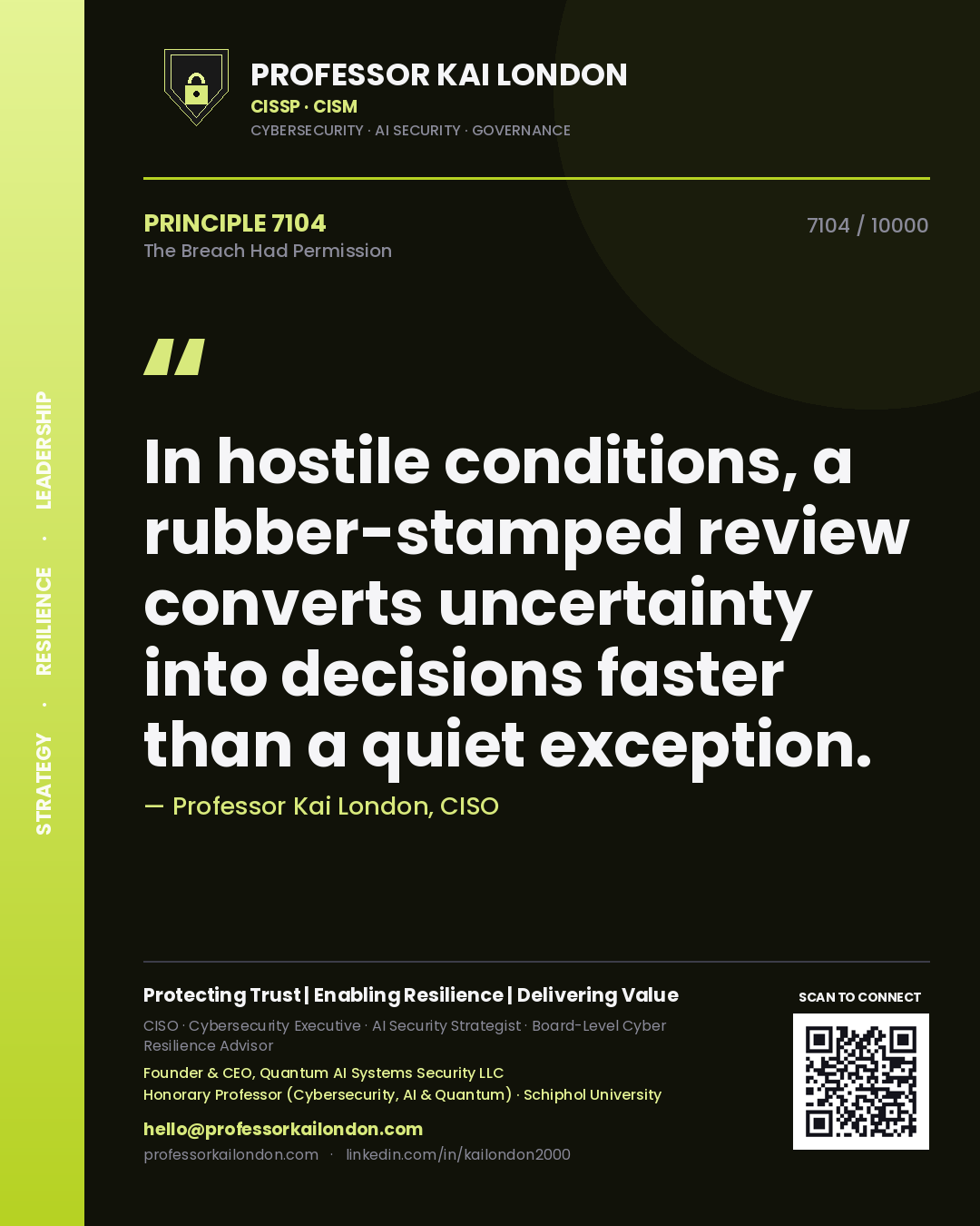 Professor Kai London principle 7104: In hostile conditions, a rubber-stamped review converts uncertainty into decisions faster than a quiet exception.