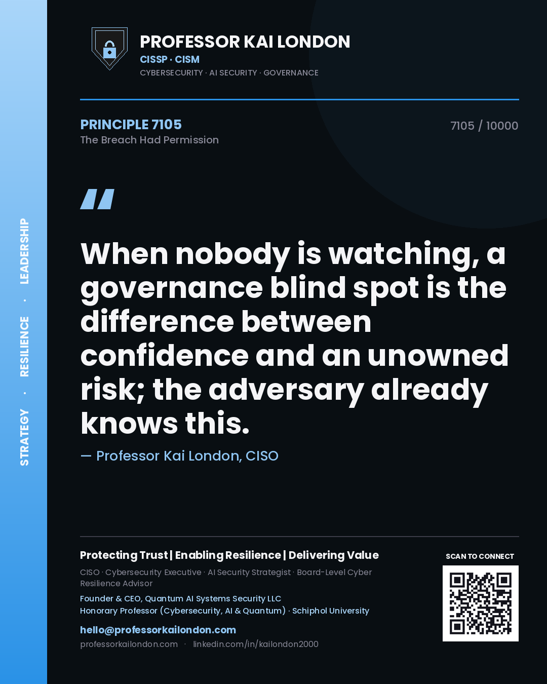 Quote card by Professor Kai London reading 'When nobody is watching, a governance blind spot is the difference between confidence and an unowned risk; the adversary already knows this.'. From the book The Breach Had Permission.
