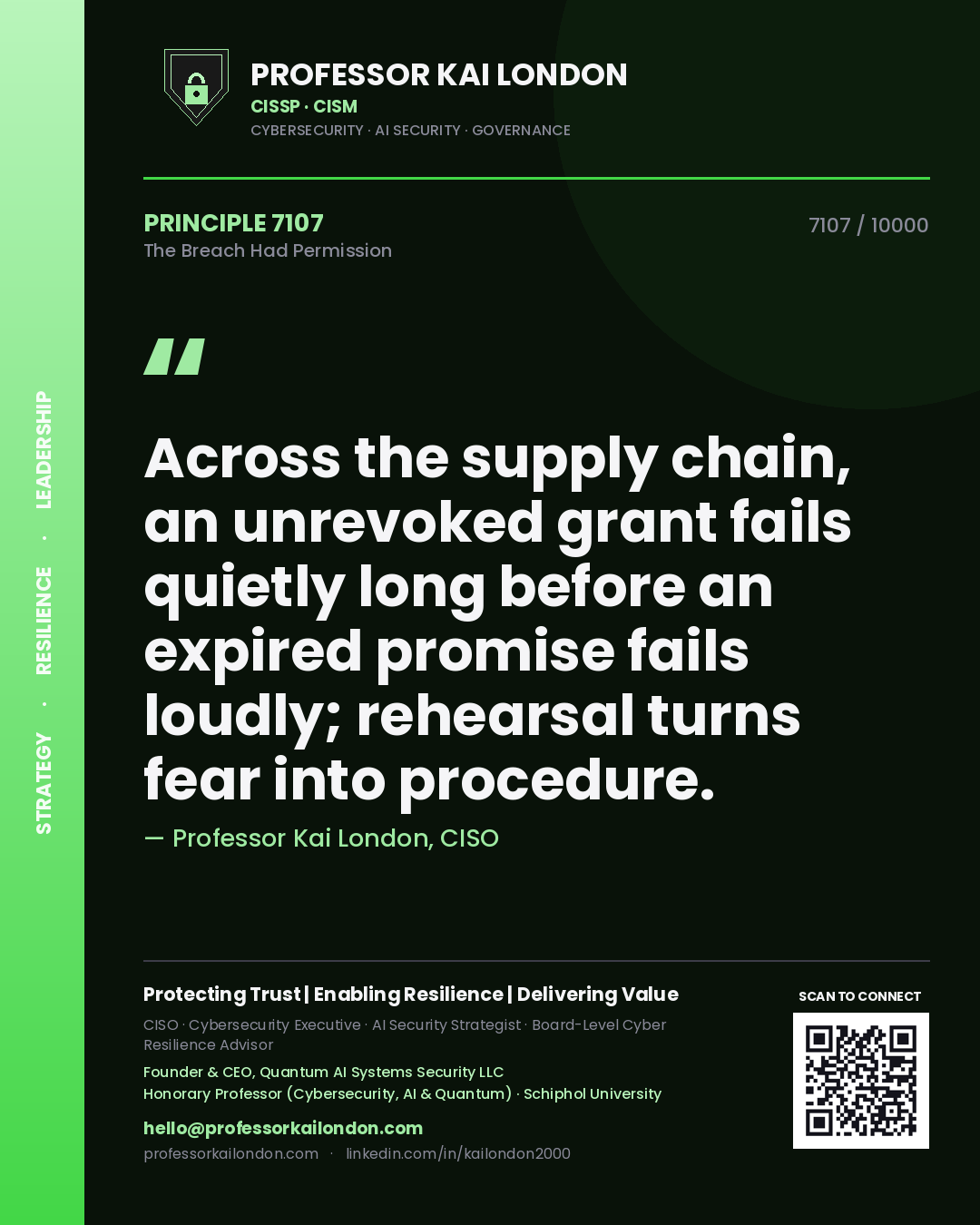 Professor Kai London principle 7107: Across the supply chain, an unrevoked grant fails quietly long before an expired promise fails loudly; rehearsal turns fear into procedure.