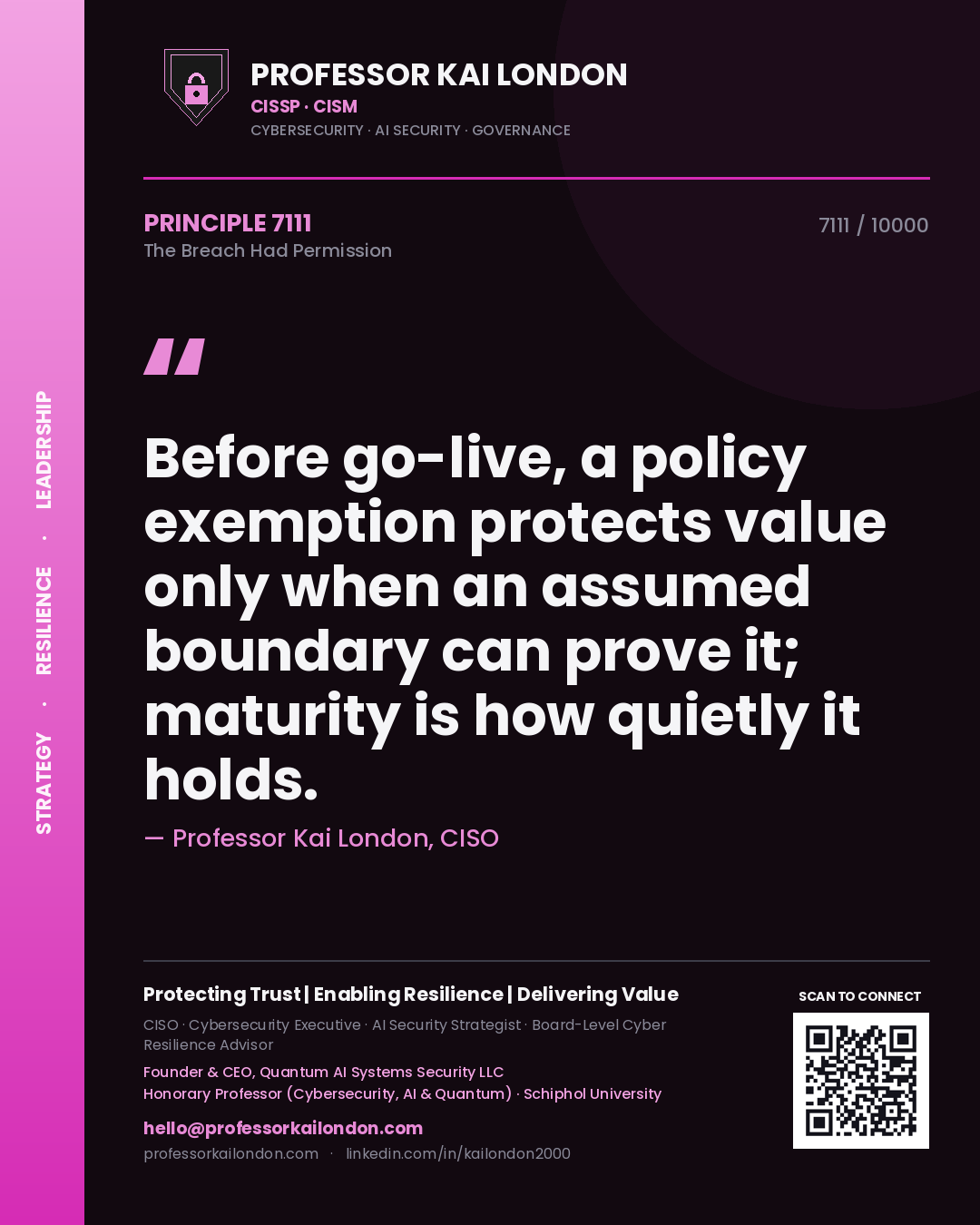 Quote card by Professor Kai London reading 'Before go-live, a policy exemption protects value only when an assumed boundary can prove it; maturity is how quietly it holds.'. From the book The Breach Had Permission.