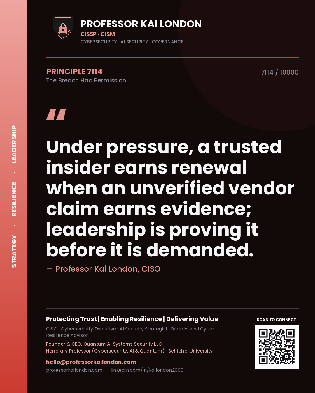 Quote card by Professor Kai London reading 'Under pressure, a trusted insider earns renewal when an unverified vendor claim earns evidence; leadership is proving it before it is demanded.'. From the book The Breach Had Permission.