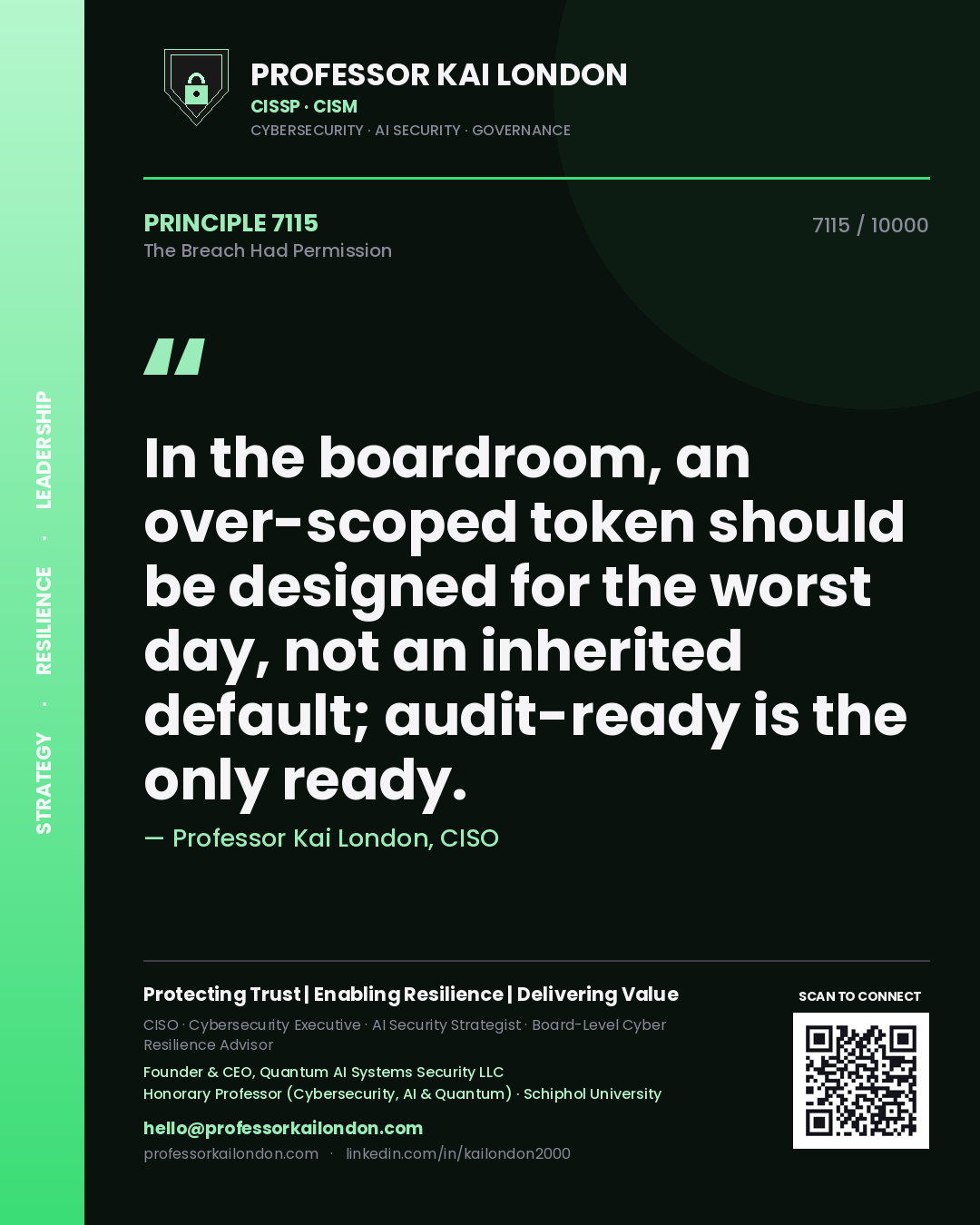 Professor Kai London principle 7115: In the boardroom, an over-scoped token should be designed for the worst day, not an inherited default; audit-ready is the only ready.