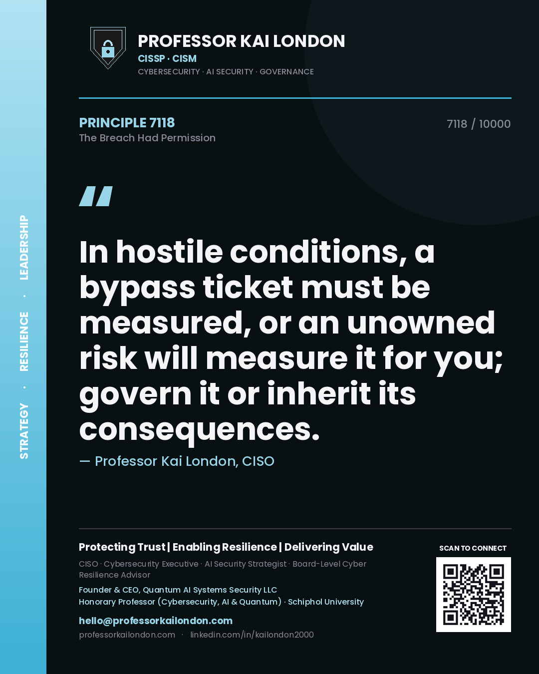 Quote card by Professor Kai London reading 'In hostile conditions, a bypass ticket must be measured, or an unowned risk will measure it for you; govern it or inherit its consequences.'. From the book The Breach Had Permission.