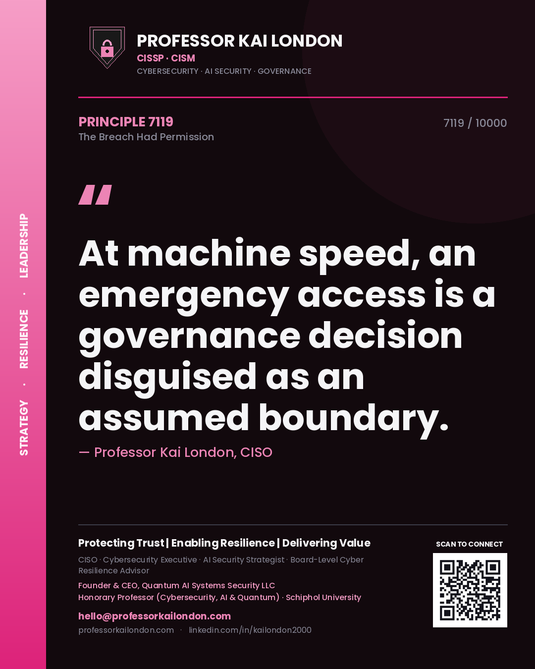 Professor Kai London principle 7119: At machine speed, an emergency access is a governance decision disguised as an assumed boundary.