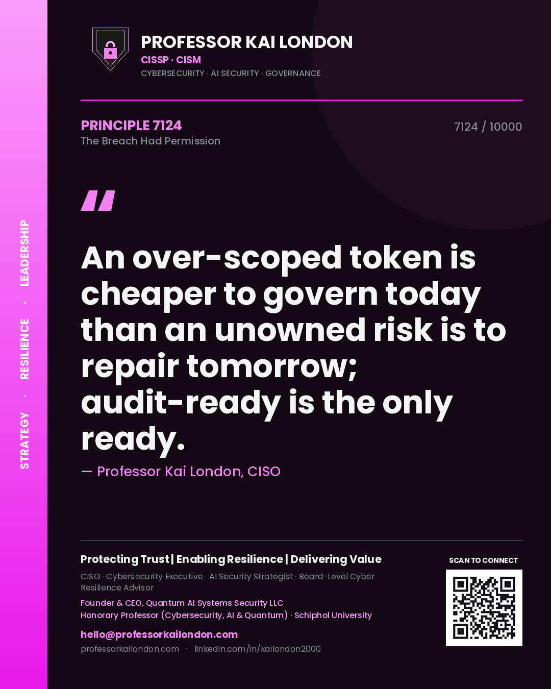 Professor Kai London principle 7124: An over-scoped token is cheaper to govern today than an unowned risk is to repair tomorrow; audit-ready is the only ready.
