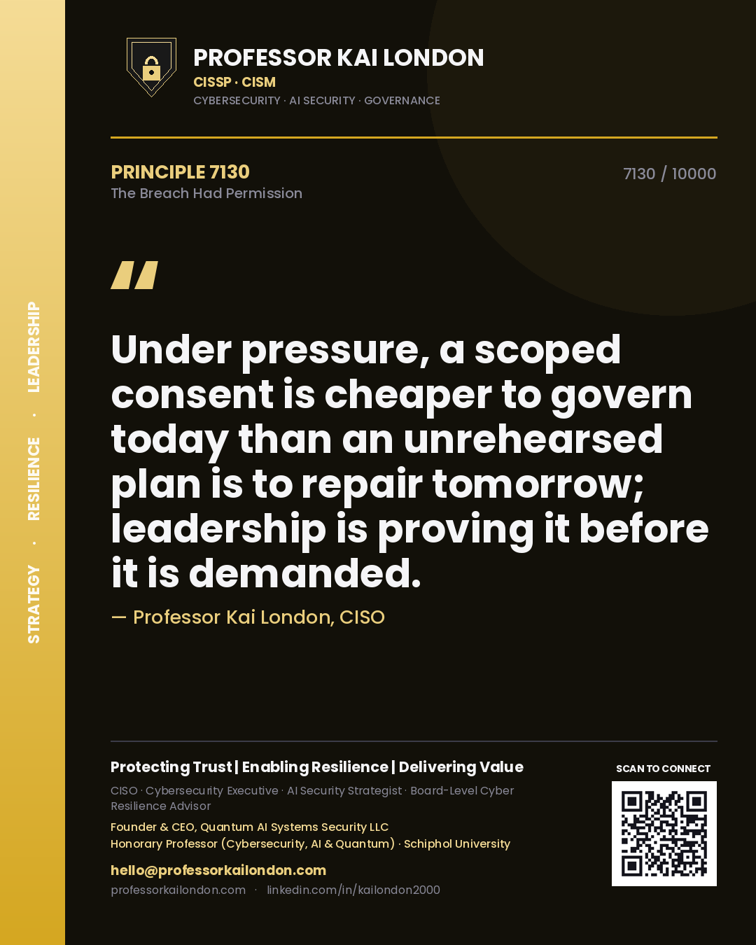 Professor Kai London principle 7130: Under pressure, a scoped consent is cheaper to govern today than an unrehearsed plan is to repair tomorrow; leadership is proving it before it is demanded.